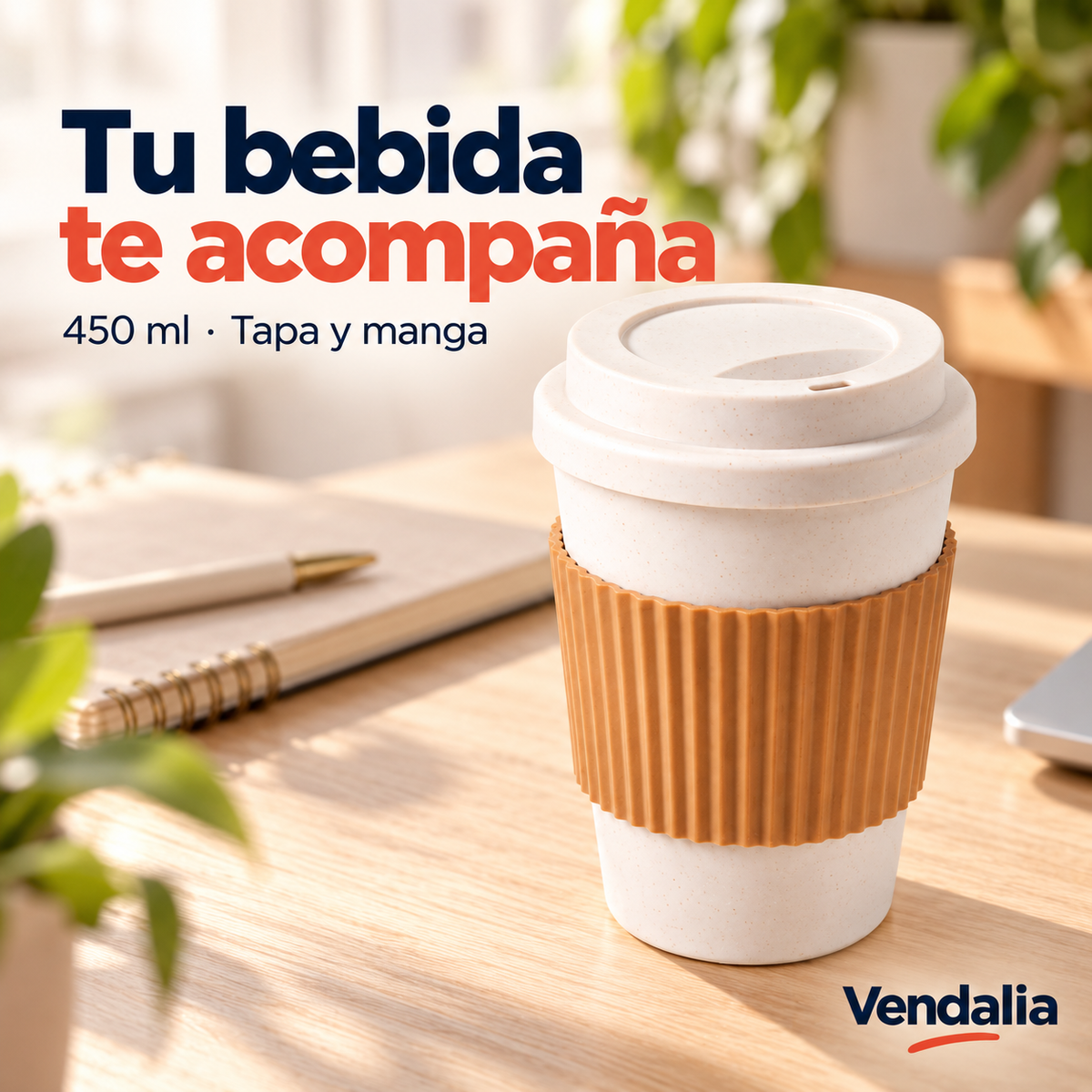 Vaso blanco reutilizable de 450ml con manga café. Portada Vendalia.