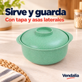 Recipiente verde menta de plástico con tapa y asas. Portada Vendalia.