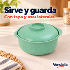 Recipiente verde menta de plástico con tapa y asas. Portada Vendalia.