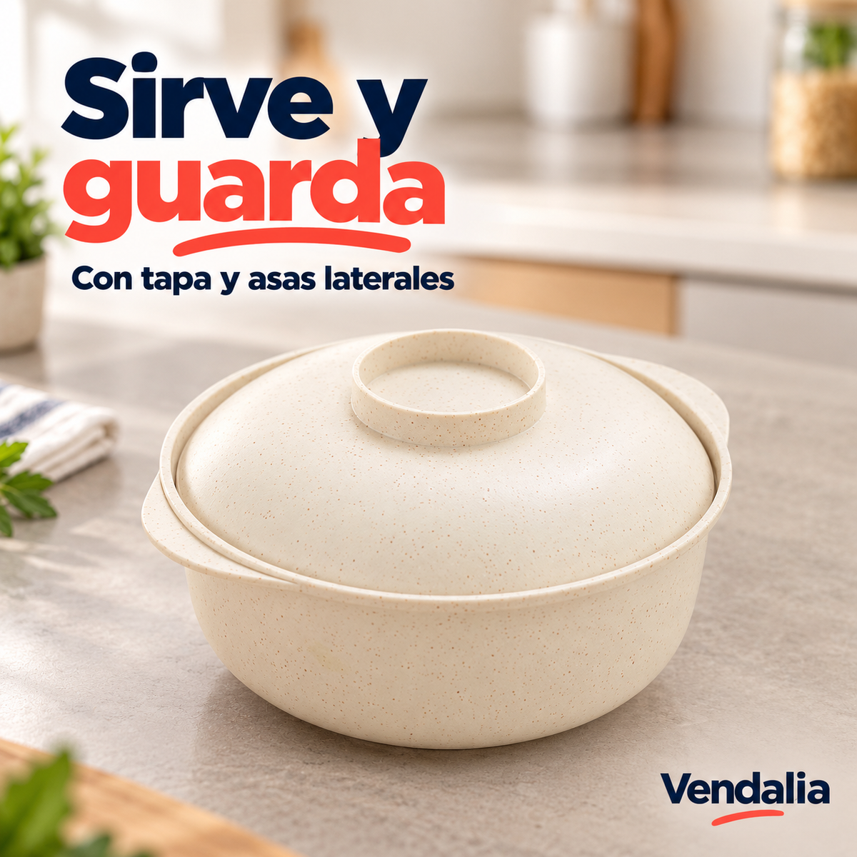 Recipiente color hueso con tapa y asas laterales. Portada Vendalia.