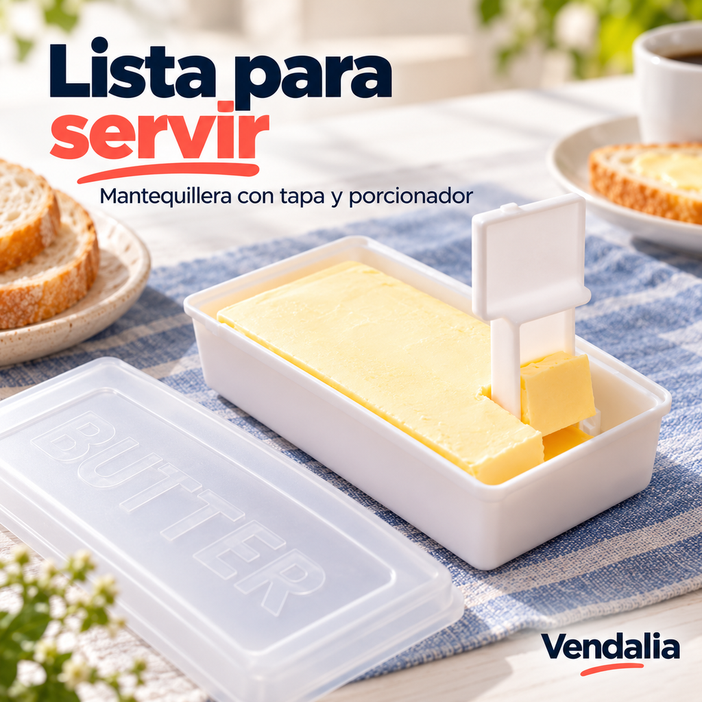 Mantequillera blanca con tapa translúcida y cortador. Portada Vendalia.
