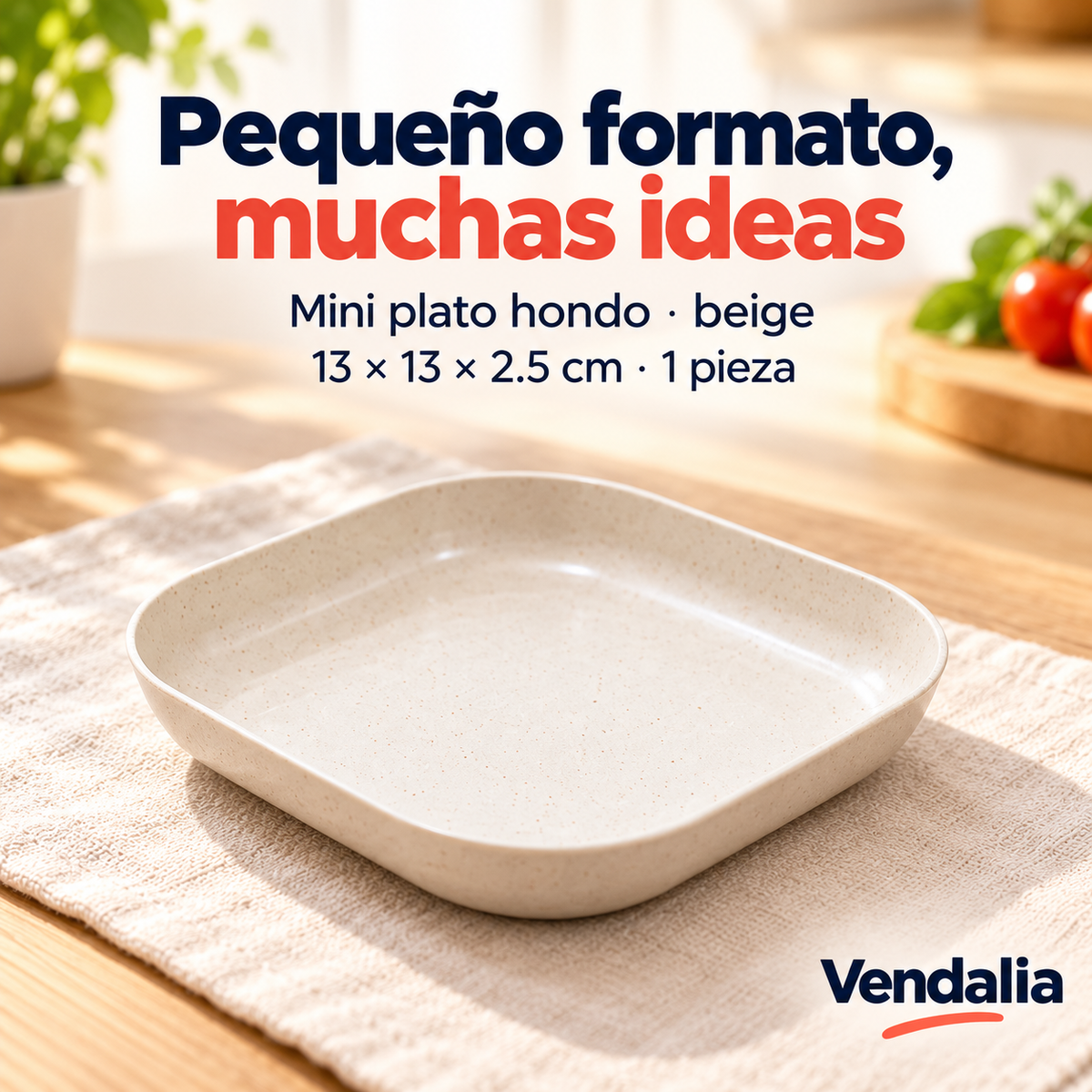 Mini plato cuadrado hondo beige de 13 cm — una pieza — portada Vendalia