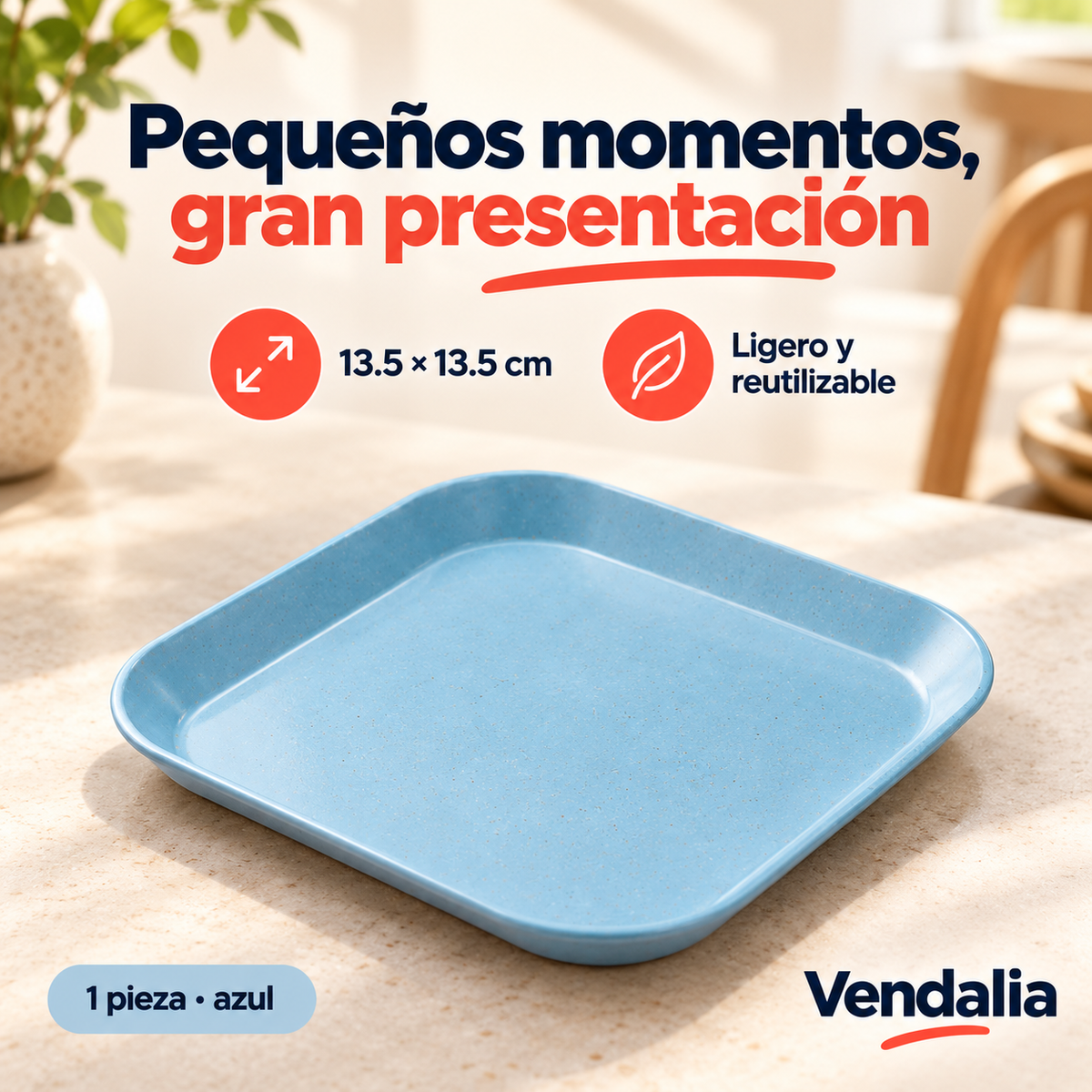 Mini plato cuadrado azul — portada Vendalia — SKU 53481; se vende 1 pieza, alimentos y accesorios no incluidos