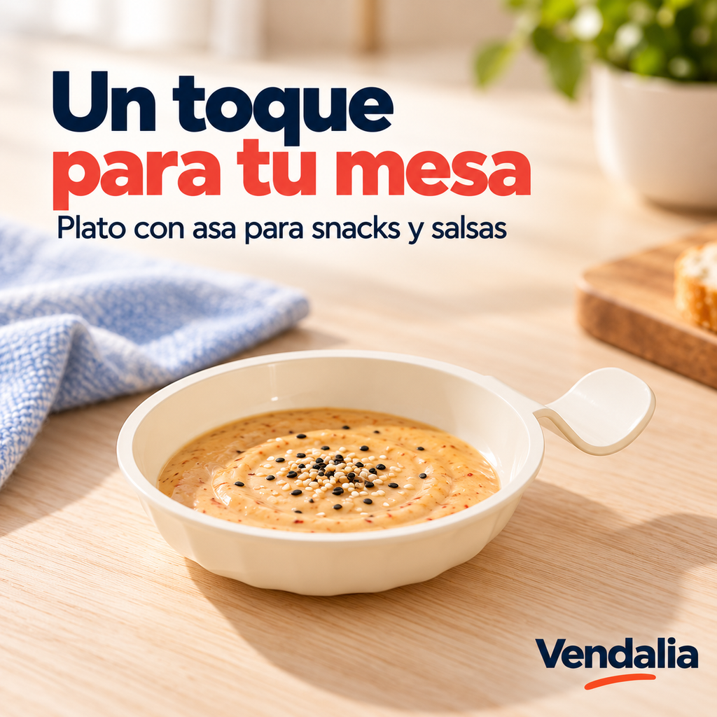 Plato pequeño crema con asa para snacks y salsas. Portada Vendalia.