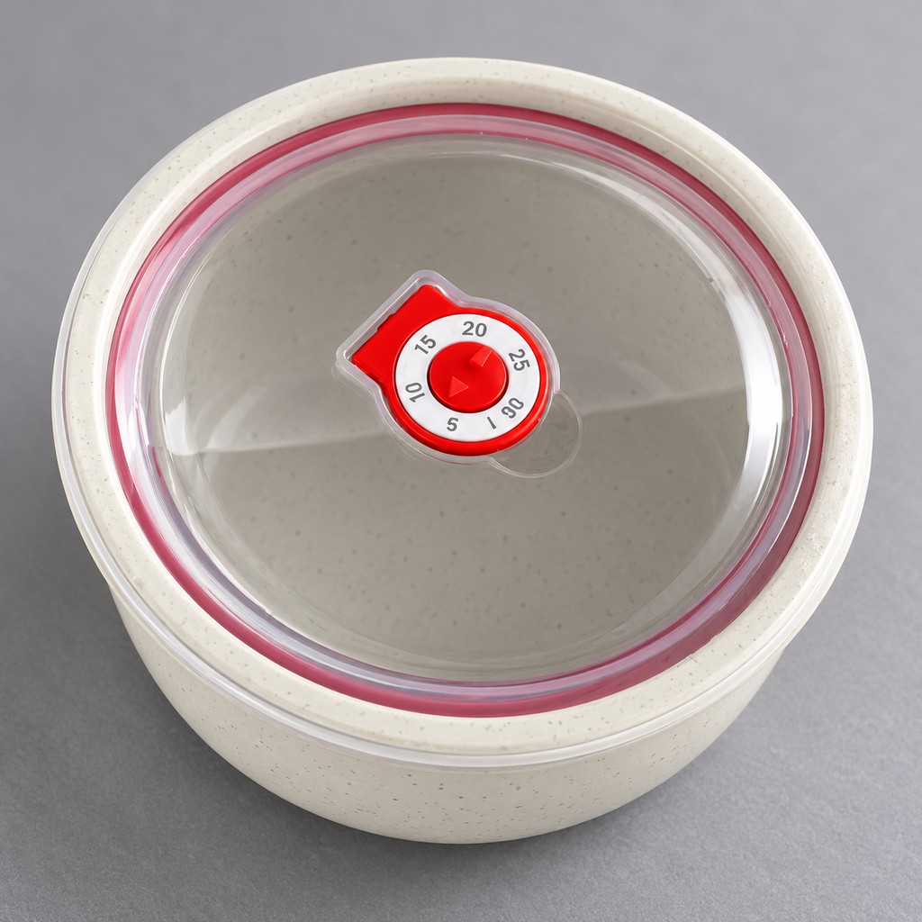 Juego de tres recipientes redondos blancos con tapas transparentes. Detalle o uso del mismo modelo.