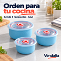 Juego de tres recipientes redondos azules con tapas transparentes. Portada Vendalia.