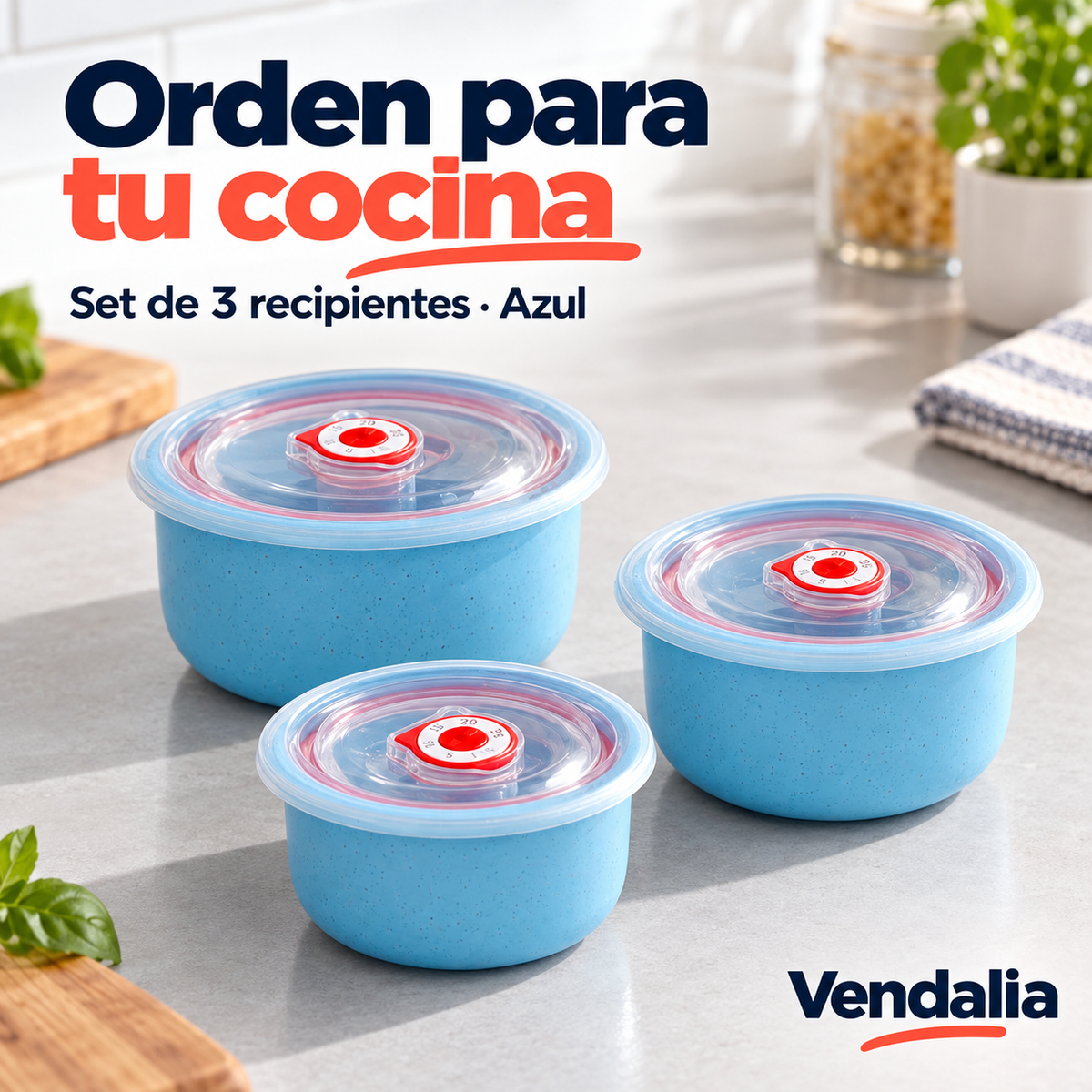 Juego de tres recipientes redondos azules con tapas transparentes. Portada Vendalia.