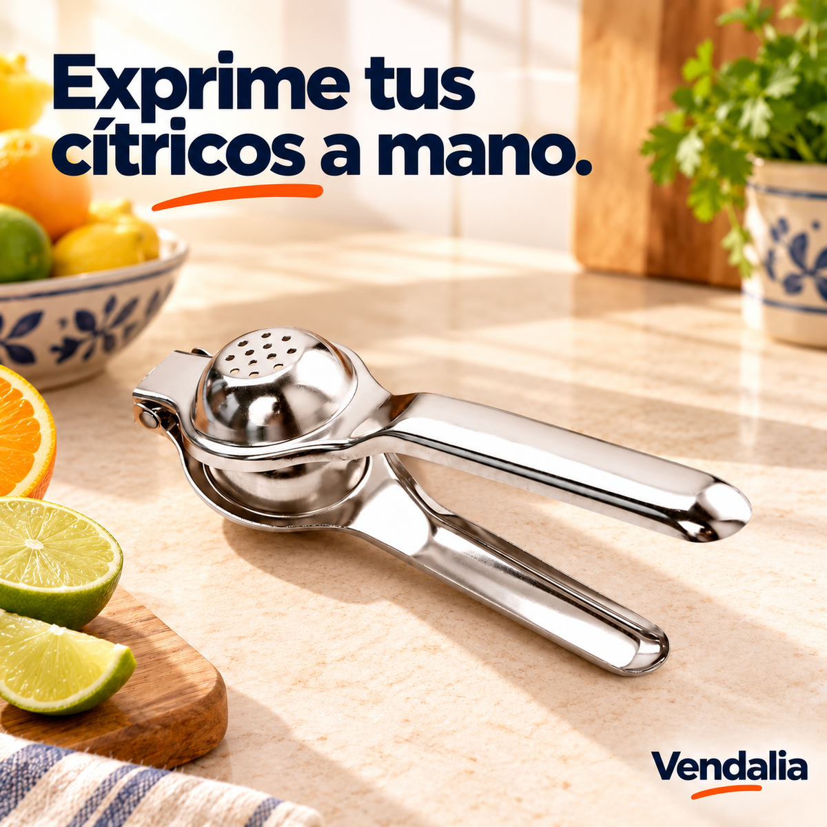 Exprimidor manual plateado de acero inoxidable · portada Vendalia