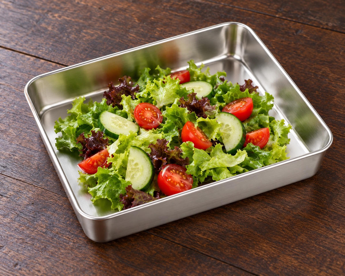 Charola rectangular de acero inoxidable — vista superior con ensalada, alimentos no incluidos