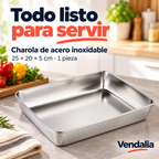 Charola de acero inoxidable plateada — 25 × 20 × 5 cm — una pieza — portada Vendalia