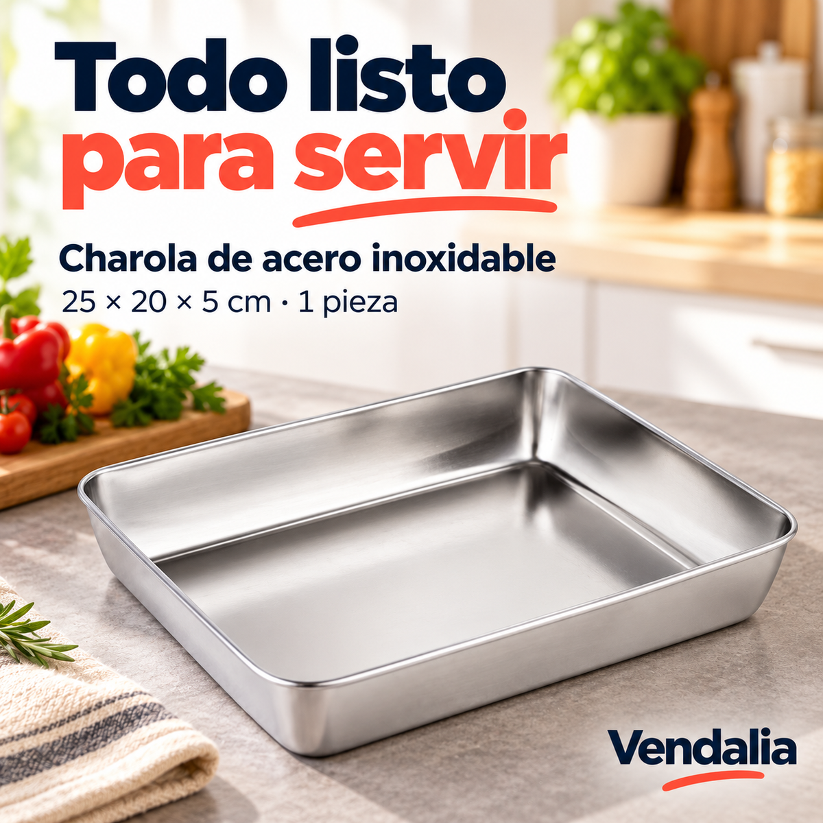 Charola de acero inoxidable plateada — 25 × 20 × 5 cm — una pieza — portada Vendalia