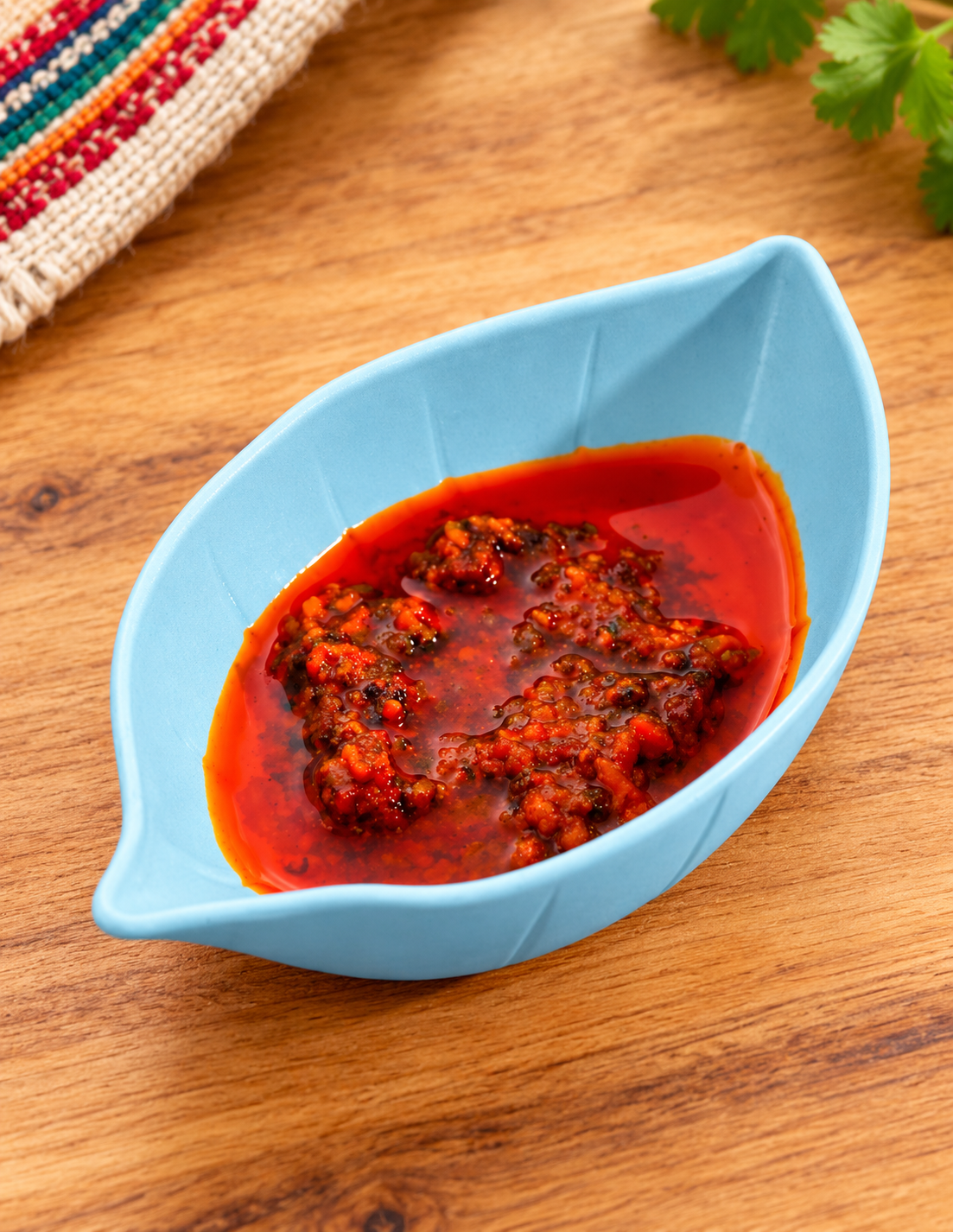 Platito en forma de hoja azul cielo con salsa de ambientación no incluida