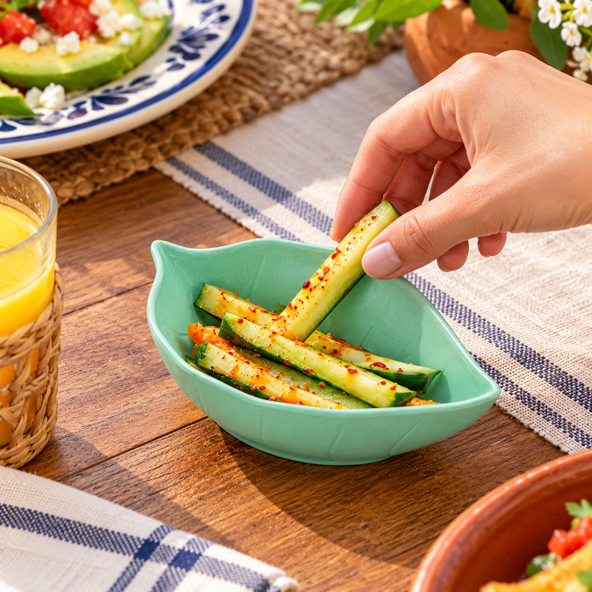 Platito verde aqua para acompañamientos; alimentos no incluidos