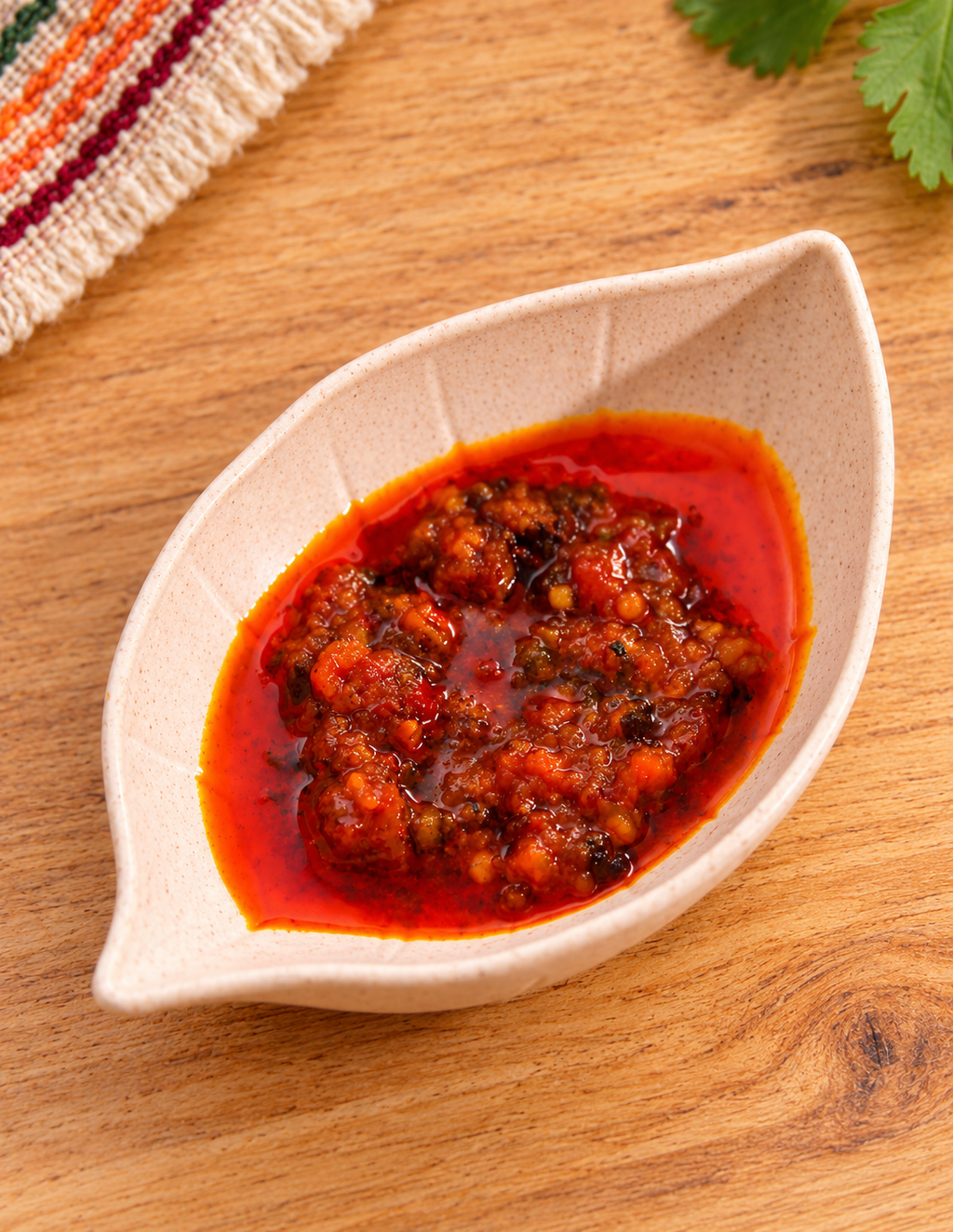 Platito en forma de hoja beige natural ligeramente moteado con salsa de ambientación no incluida