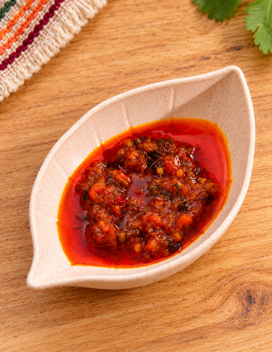 Platito en forma de hoja beige natural ligeramente moteado con salsa de ambientación no incluida