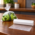 Bolsa transparente sin asas con brócoli junto al rollo.