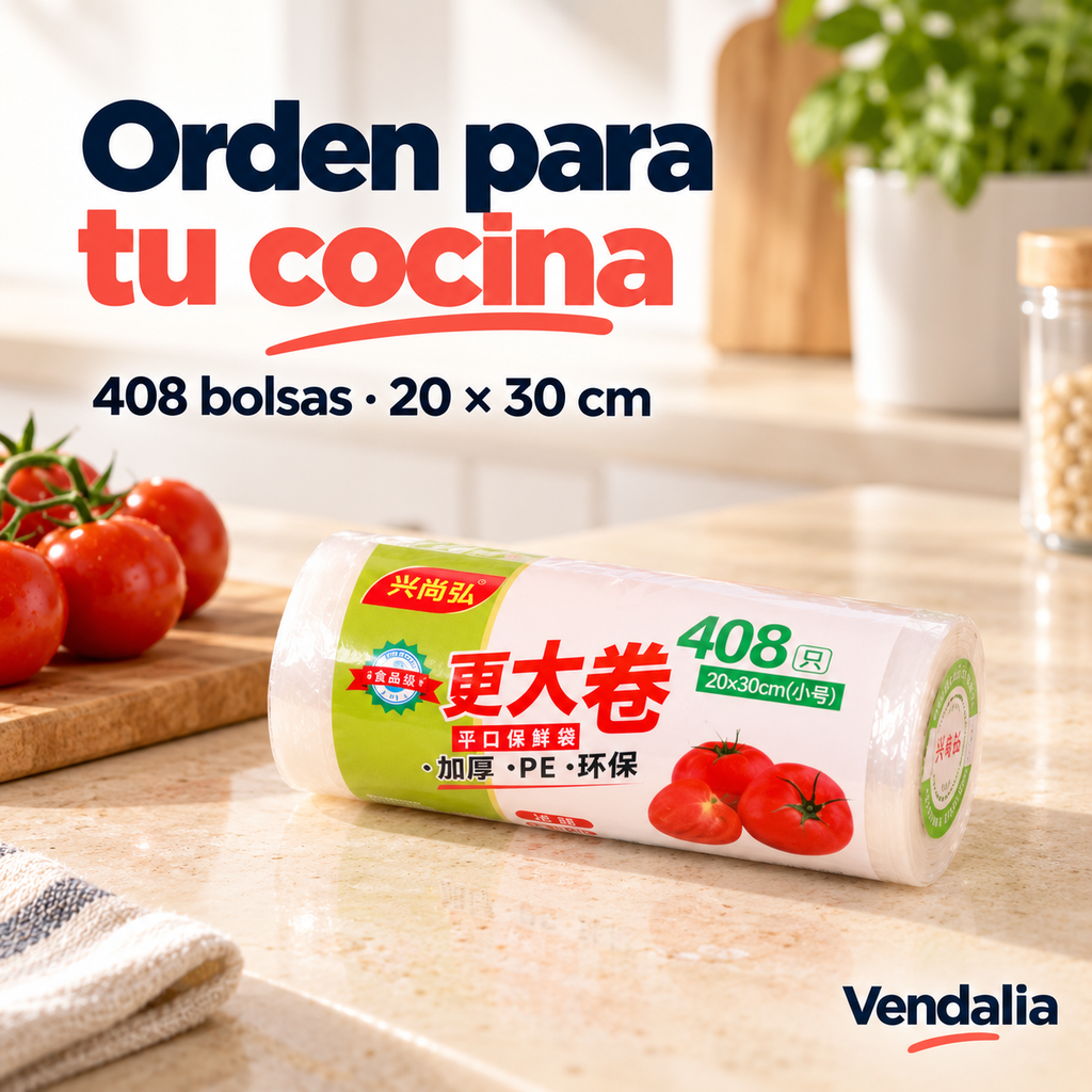 Rollo de 408 bolsas para alimentos de 20 por 30 cm. Portada Vendalia.