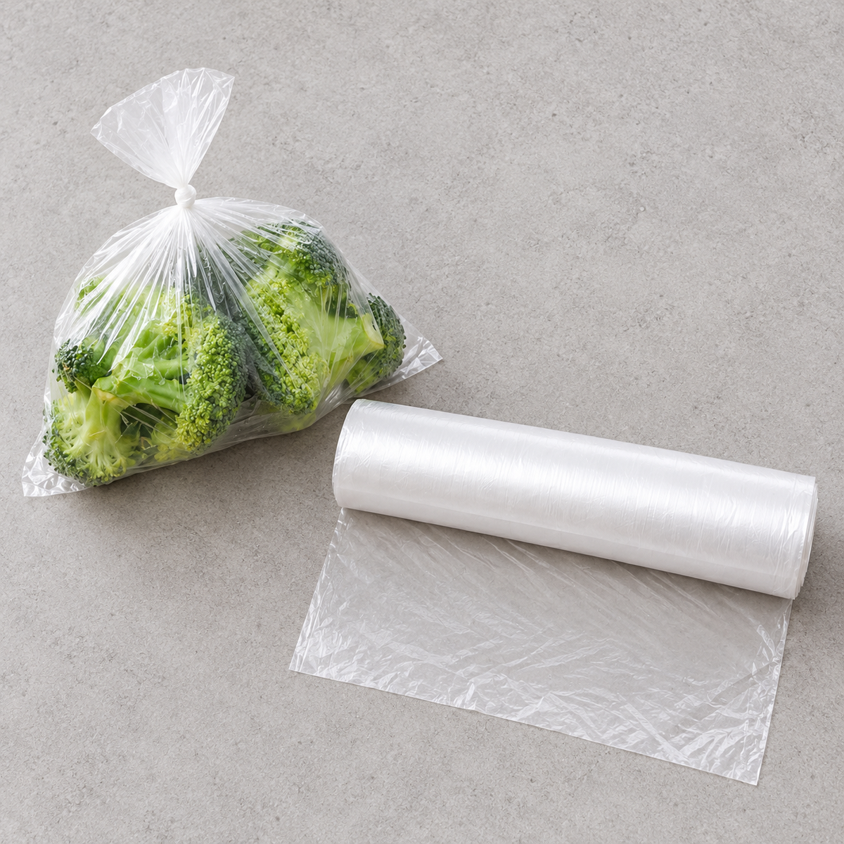 Bolsa transparente sin asas con brócoli, junto al rollo.