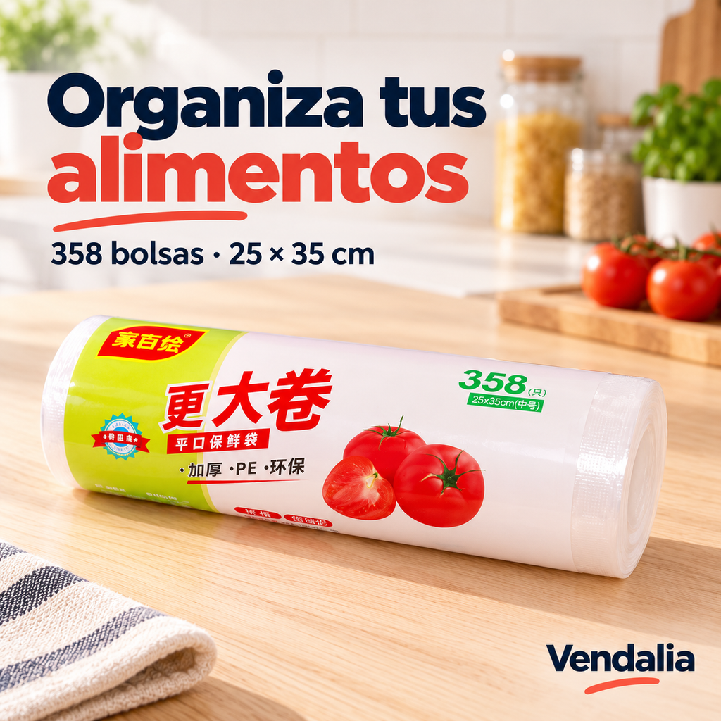 Rollo de 358 bolsas para alimentos de 25 por 35 cm. Portada Vendalia.