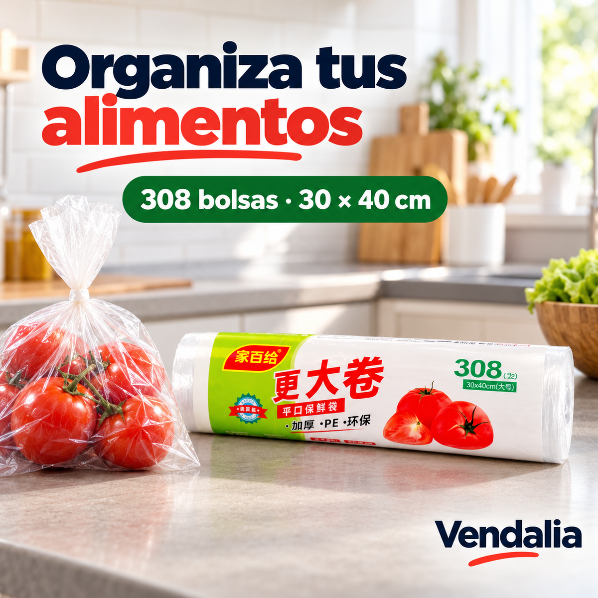 Rollo de308bolsas transparentes para alimentos30×40cm. Portada Vendalia.