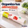 Rollo de 258 bolsas transparentes para alimentos de 35 por 45 cm. Portada Vendalia.