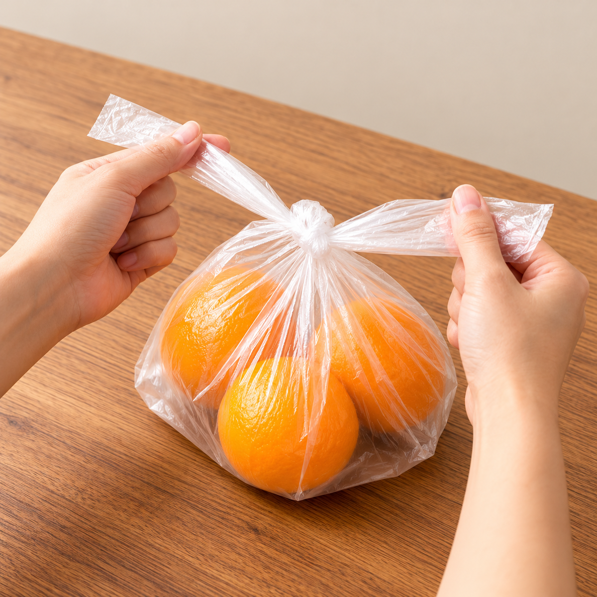 Bolsa transparente con asas para alimentos, en uso.