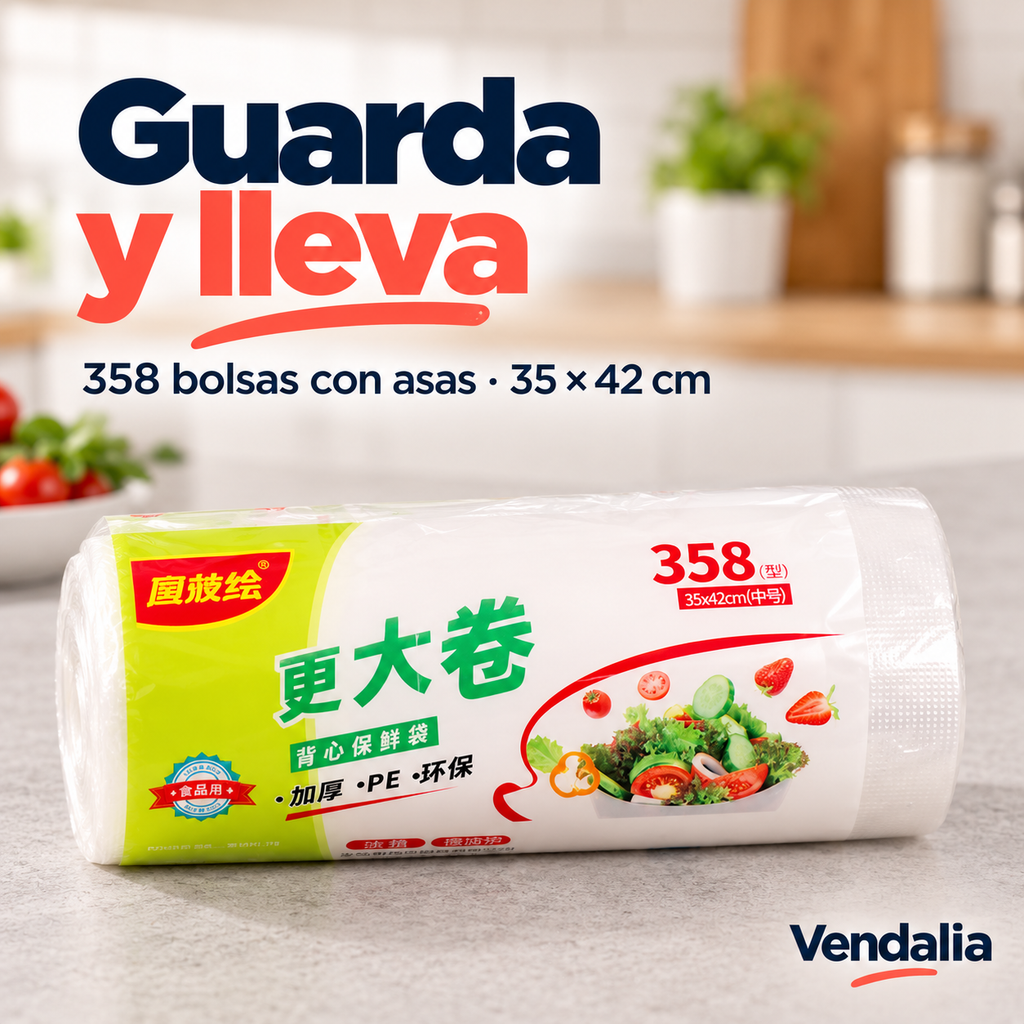 Rollo de 358 bolsas con asas de 35 por 42 cm. Portada Vendalia.
