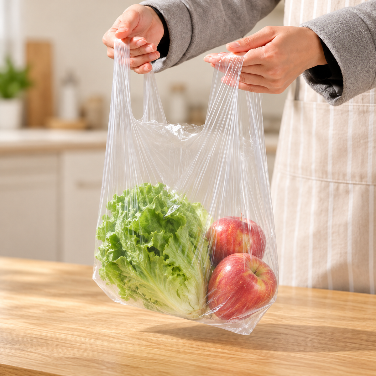 Bolsa transparente con asas para transportar alimentos.