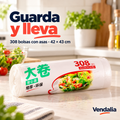 Rollo de 308 bolsas con asas de 42 por 43 cm. Portada Vendalia.