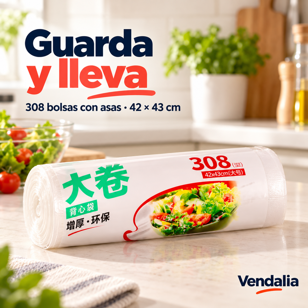 Rollo de 308 bolsas con asas de 42 por 43 cm. Portada Vendalia.