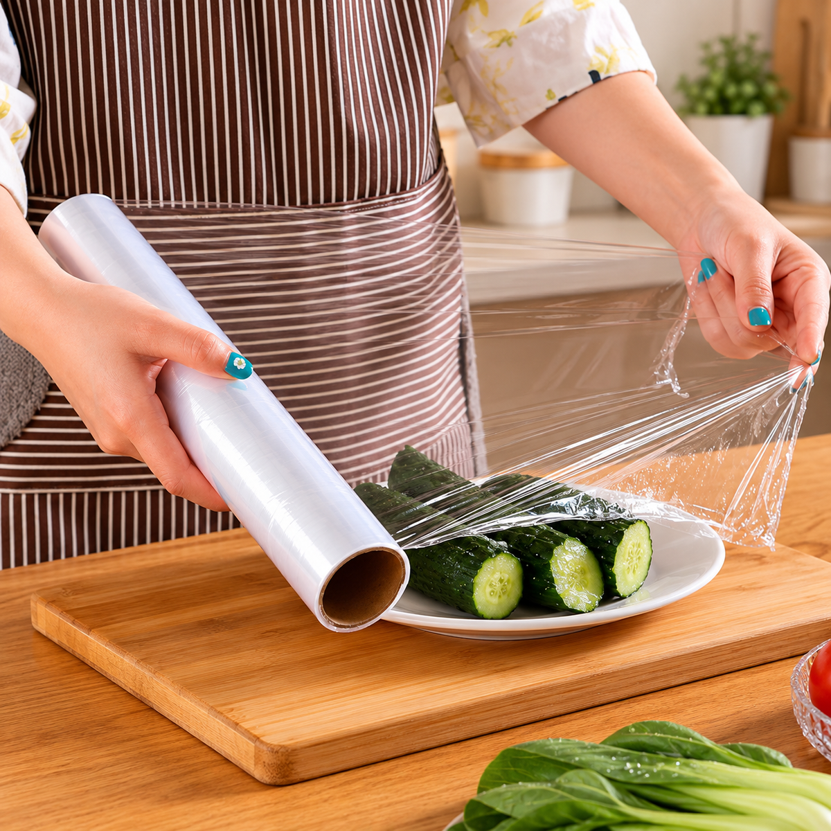 Rollo de película transparente para alimentos de 30 cm por 208 m. Vista de detalle o uso.