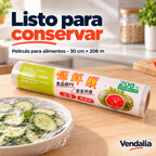 Rollo de película transparente para alimentos de 30 cm por 208 m. Portada Vendalia.