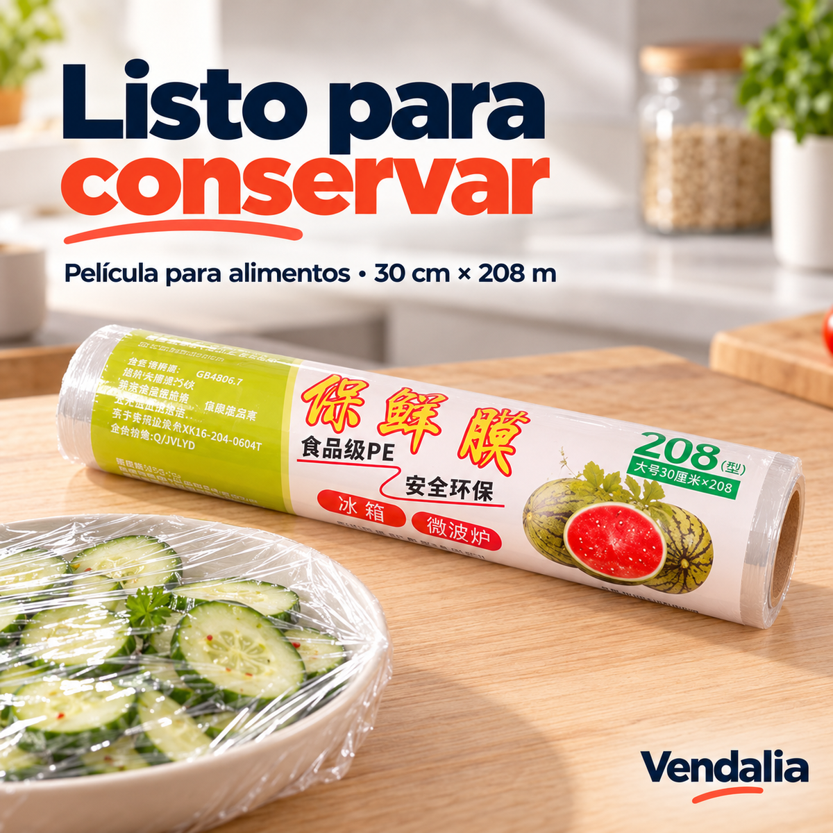 Rollo de película transparente para alimentos de 30 cm por 208 m. Portada Vendalia.