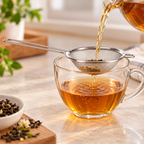 Colador de acero inoxidable con malla fina. Vista de detalle y uso.