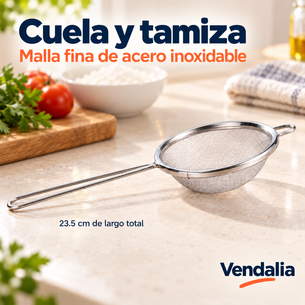 Colador de acero inoxidable con malla fina. Portada Vendalia.