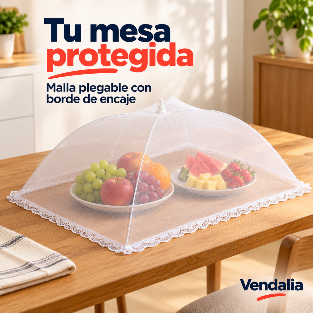 Cubierta blanca plegable de malla con borde de encaje. Portada Vendalia.