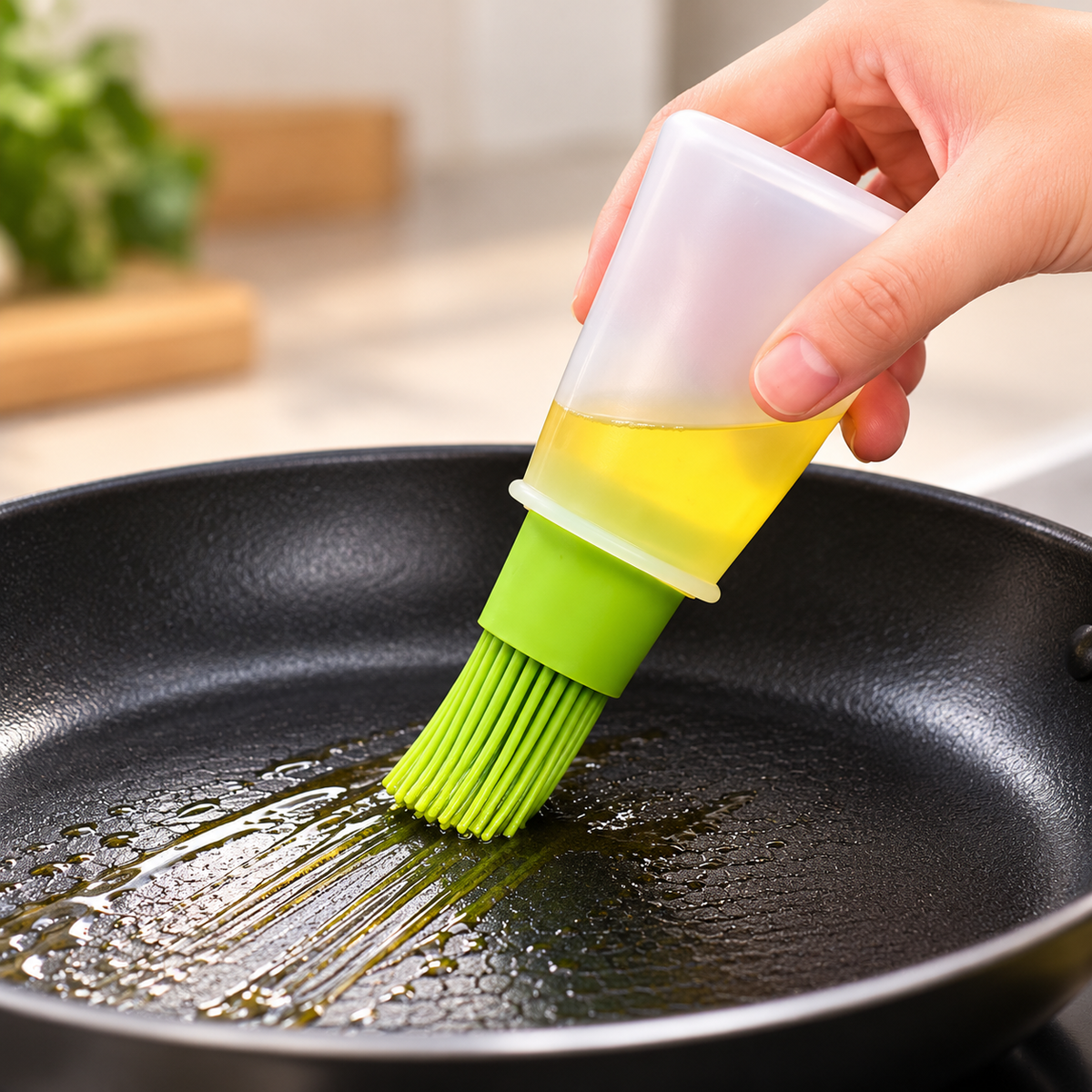 Aceitera verde con brocha de silicona. Vista de detalle y uso.
