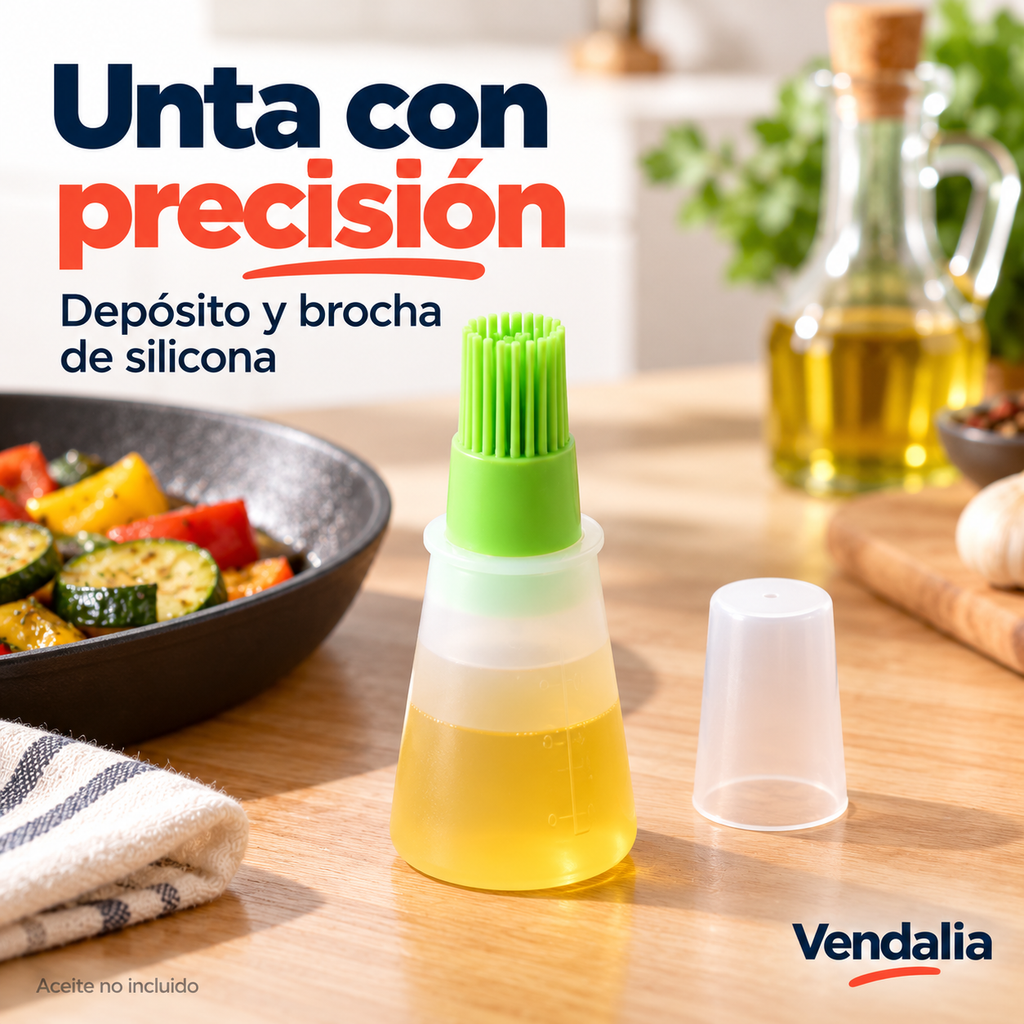 Aceitera verde con brocha de silicona. Portada Vendalia.
