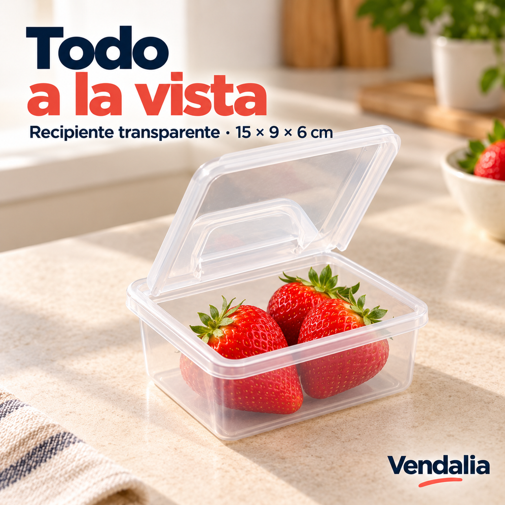 Recipiente rectangular transparente con tapa. Portada Vendalia.