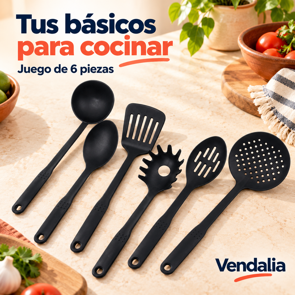Juego de seis utensilios de nylon negro · portada Vendalia