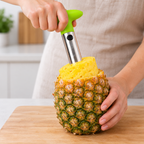 Cortador y descorazonador de piña verde. Detalle de uso.