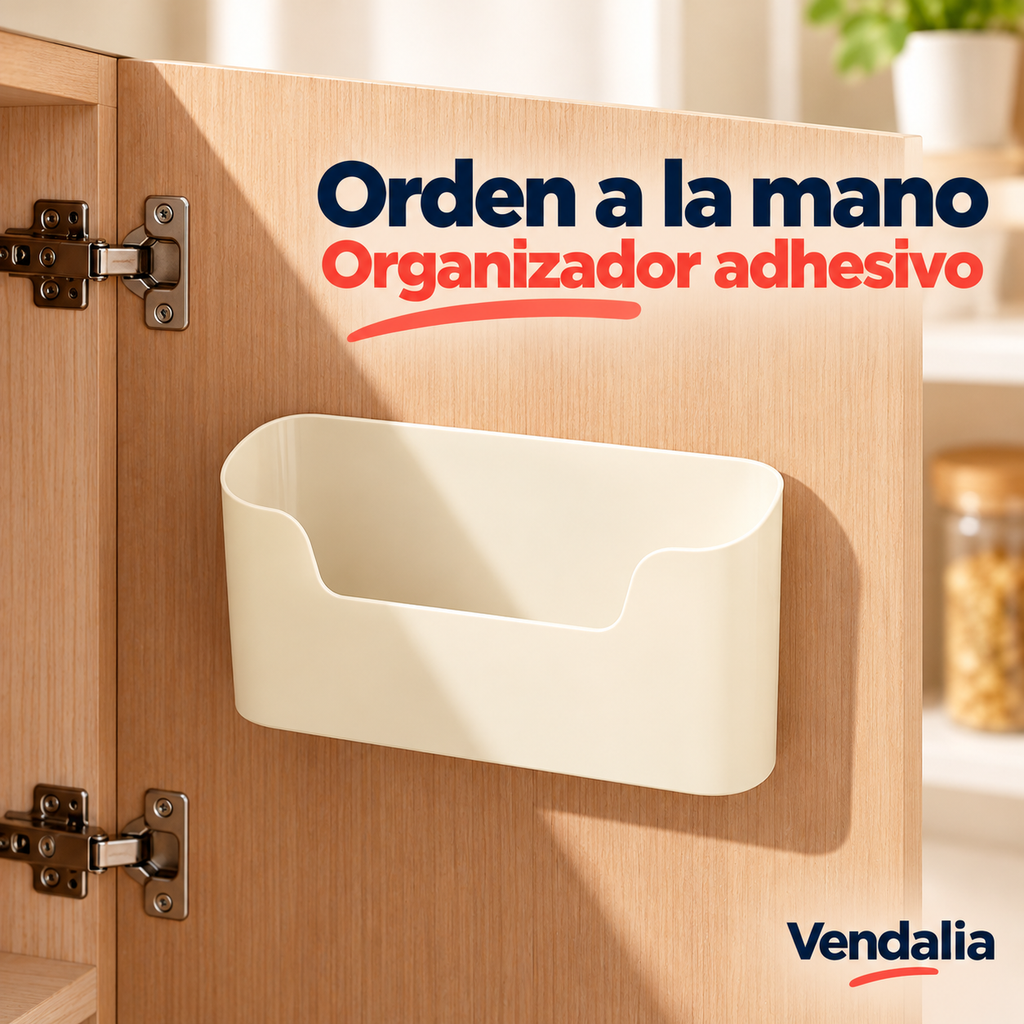 Organizador adhesivo de pared color beige hueso, cubeta rectangular de bordes redondeados, frente más bajo al centro y respaldo alto — portada Vendalia