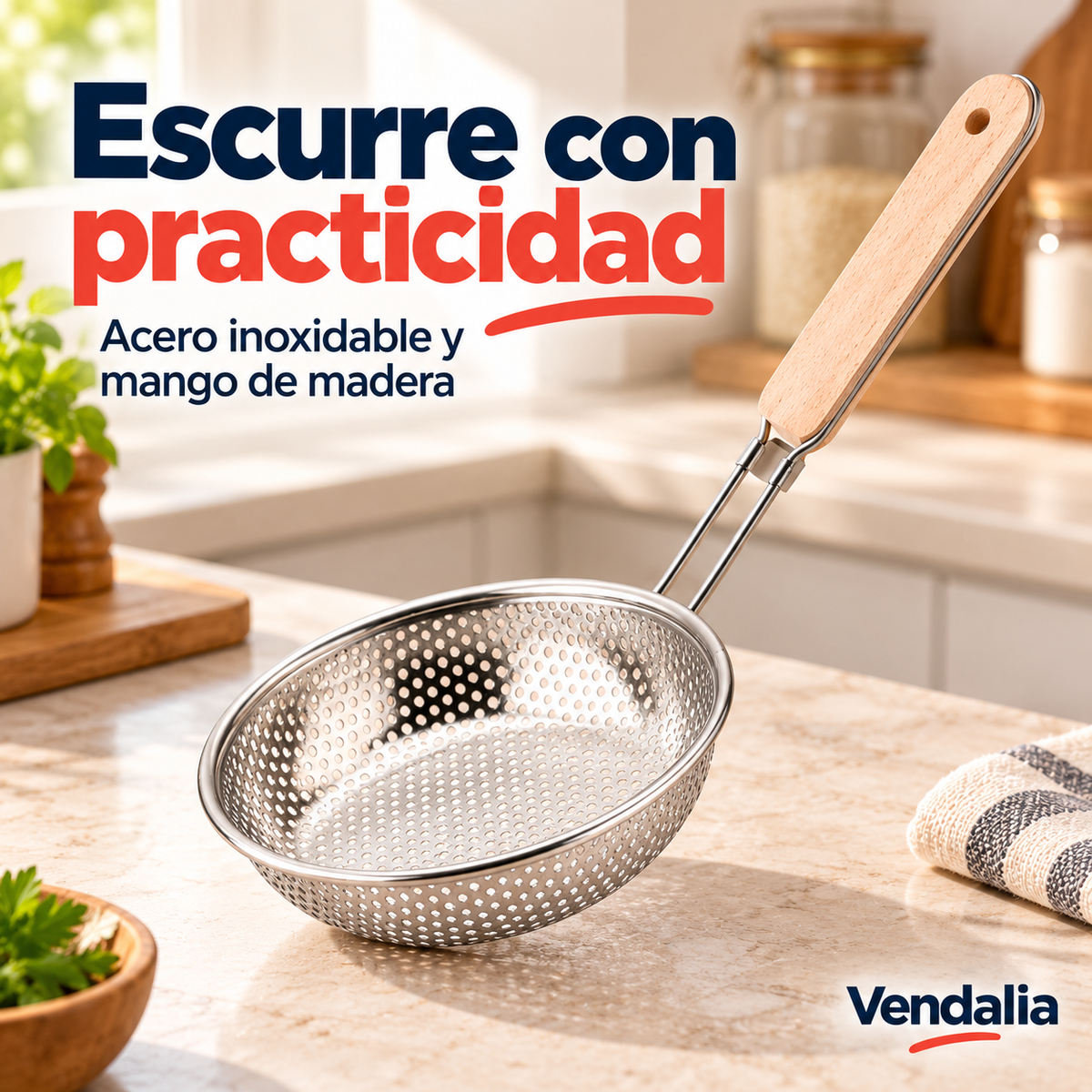 Colador de acero con mango de madera. Portada Vendalia.