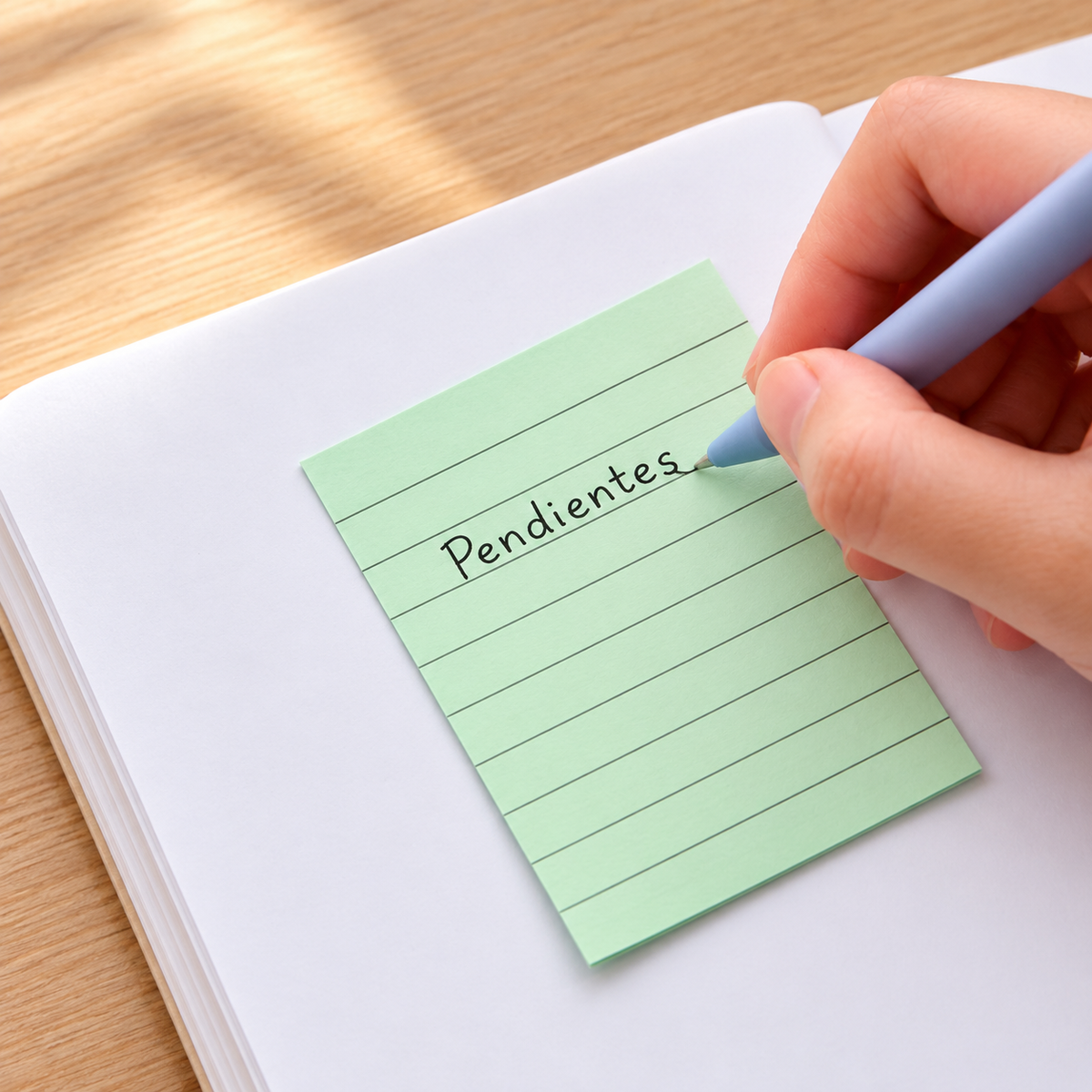 Nota verde rayada en uso para escribir pendientes — Vendalia
