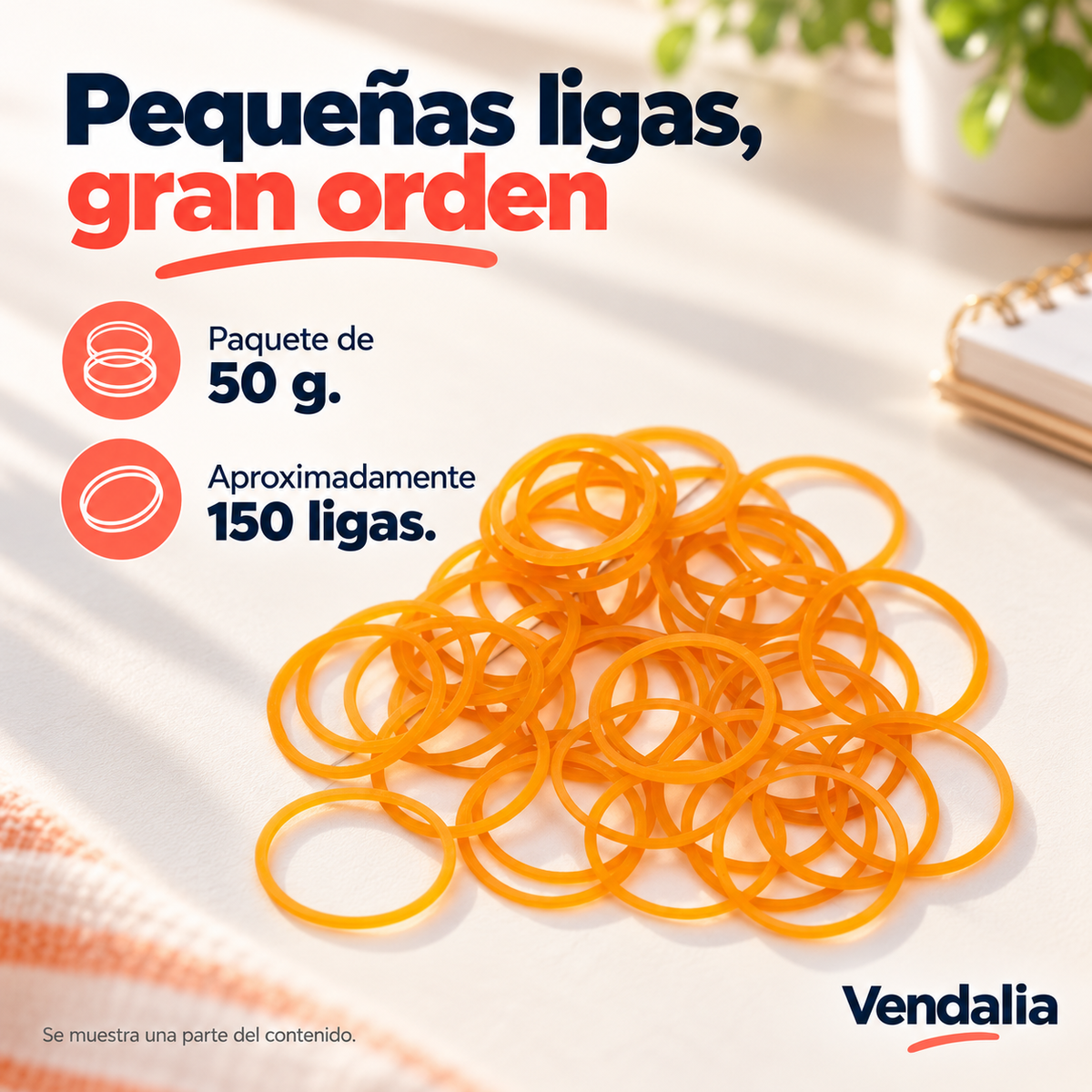Ligas naranjas; paquete de 50 g con aproximadamente 150 ligas, muestra parcial — Vendalia