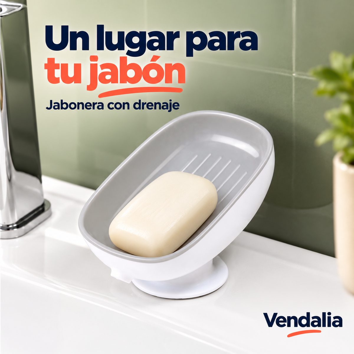 Jabonera con Drenaje y Succión para Baño · Portada Vendalia · SKU 53584