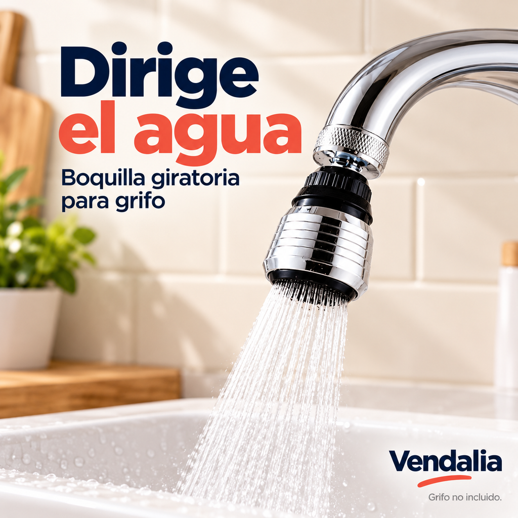 Boquilla difusora giratoria plateada y negra para grifo. Portada Vendalia.