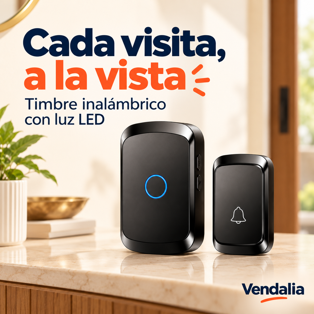 Timbre inalámbrico negro con receptor LED y botón transmisor.