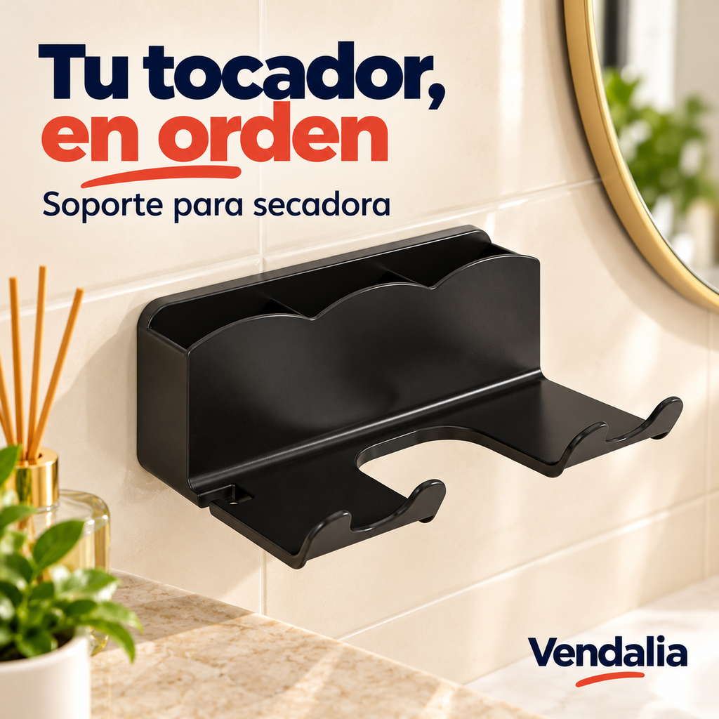 Soporte de pared negro para secadora con tres compartimentos traseros de borde ondulado y dos plataformas delanteras separadas por abertura en U, dos horquillas de borde elevado — portada Vendalia
