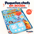 Cocina infantil con utensilios; ejemplo azul, color al azar, 1 set — Vendalia